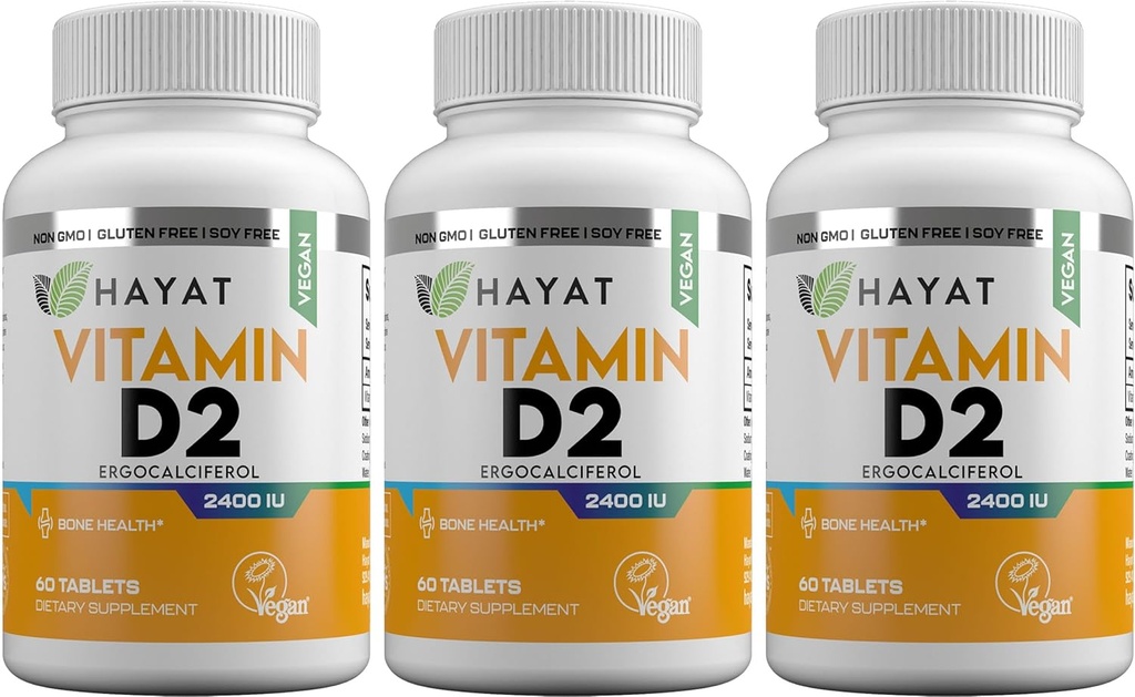 Vitamine HAYAT Vegan Natural Vitamina D 2400 IU, D2, Certificata Halal (Pacchetto di 3)