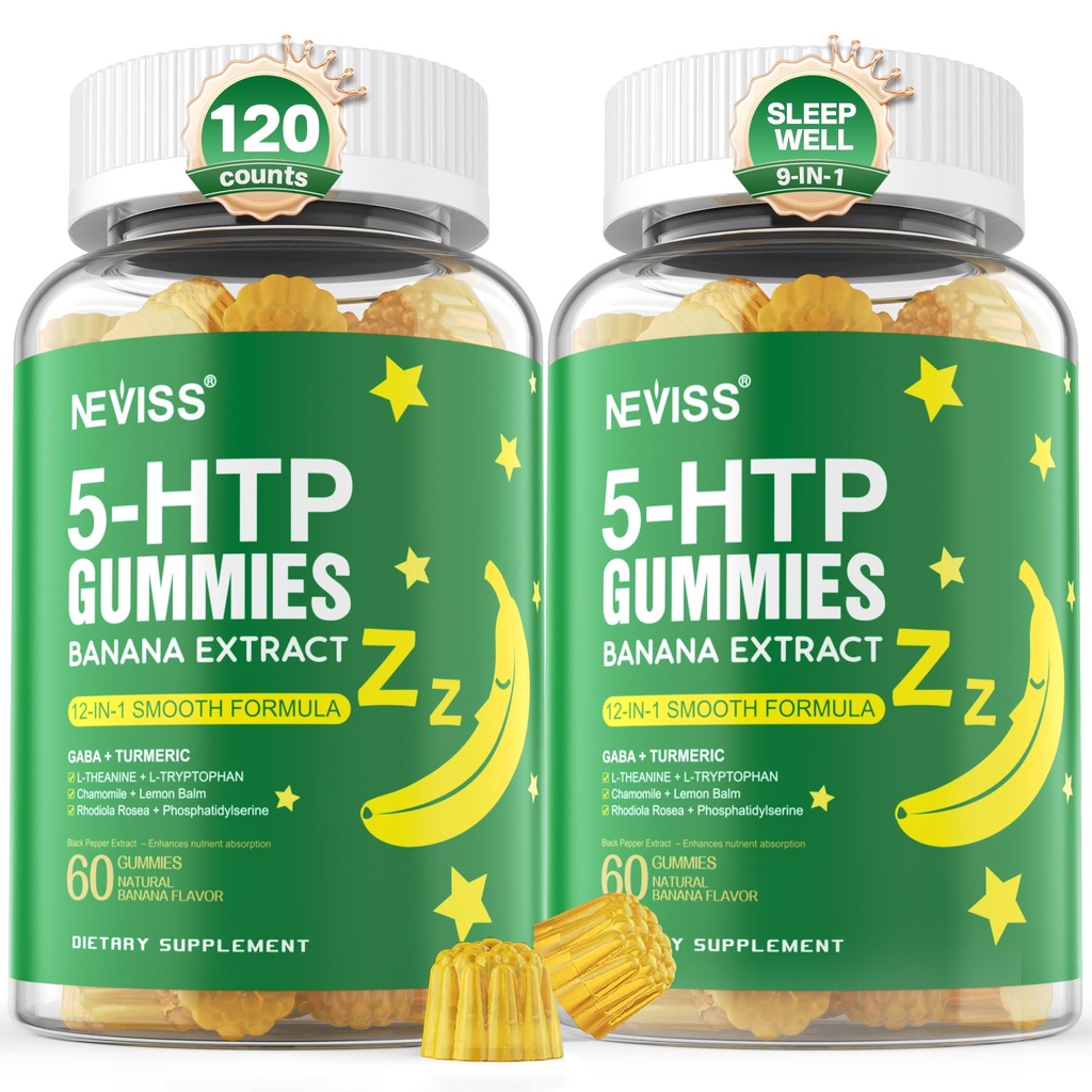 5-HTP Gummies + GABA - Melatonin Free - Gummie di rilassamento con estratto di banana, L-teanina, L-Tryptophan, vitamina D3 per il ciclo di riposo sano & Rhythm circadian, Funzione cerebrale e relax muscolare, Confezione da 2