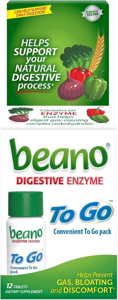 Beano To Go Gas Prevention, Integratore alimentare Enzime, Aiuta a Digerire Gas-Causing Foods, 12 compresse