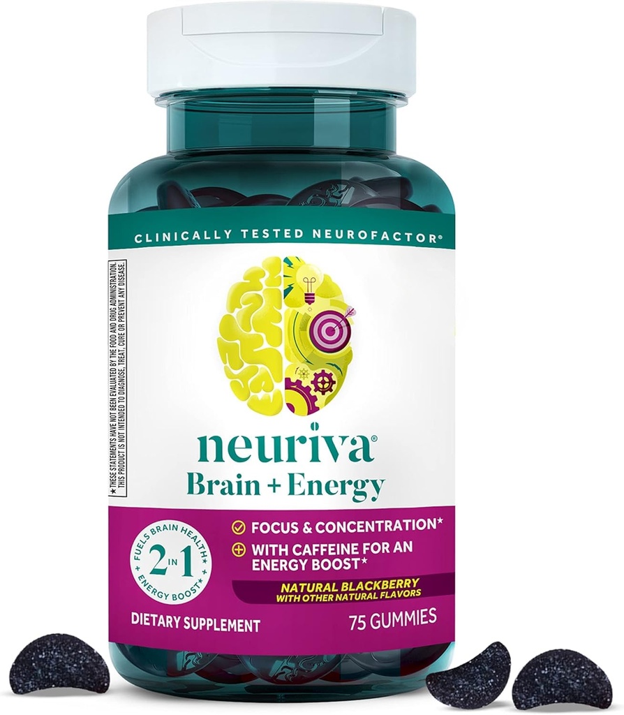 NEURIVA Brain + Energy Gummies, Integratori Nootropici per Focus e Concentrazione con Neurofactor, Vitamina B12 e Caffeina per un Boost di energia*, 75ct Natural BlackBerry