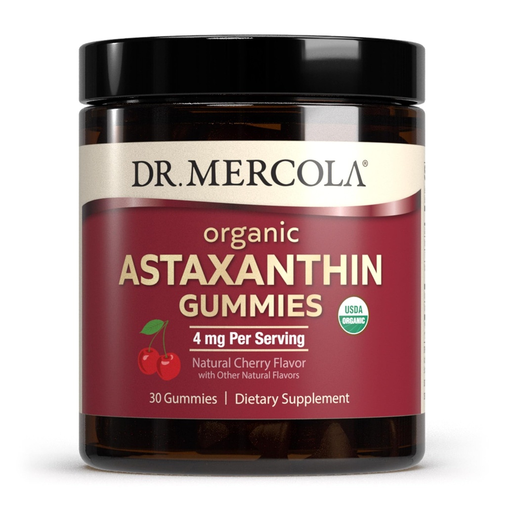 Dr. Mercola Organic Astaxanthin Gummies, 30 Serve (30 Gummies), 4 mg Per Serve, Integratore alimentare, Antiossidante e Supporto Immune, Certificato Organico, Non OGM