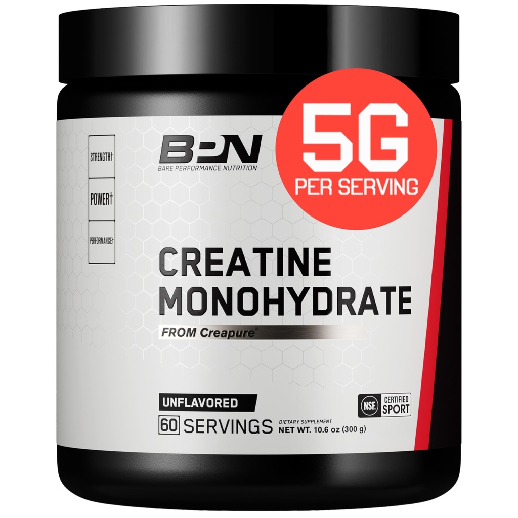 BARE PERFORMANCE NUTRITION, BPN Pure Creatine Monohydrate Powder di Creapure, 5g di Creatina per porzione, Supporta la crescita muscolare, Polvere di creatina non aromatizzata, 60 Serve