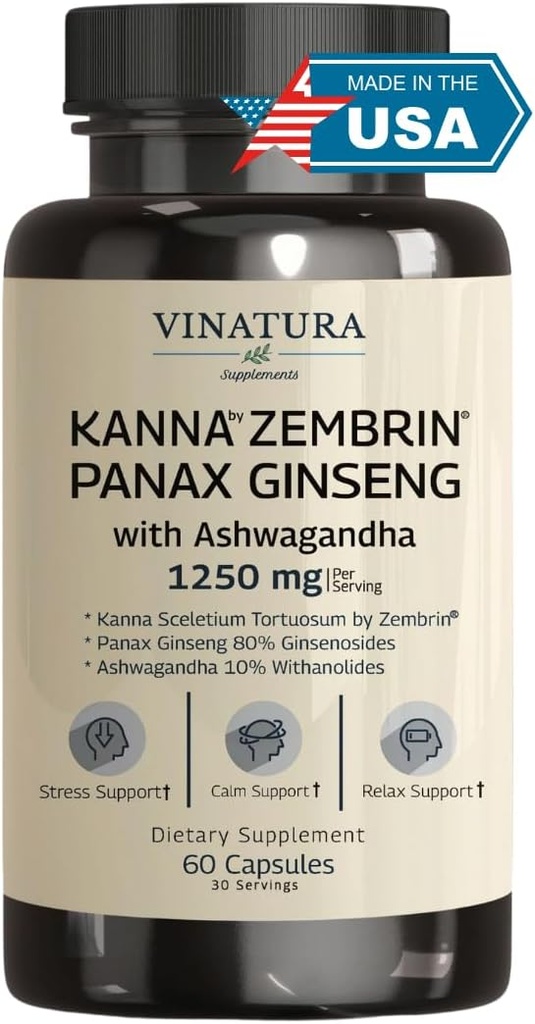 VINATURA Kanna Zembrin Sceletium Tortuosum - 50mg Kanna/Serving, con Ashwagandha, Ginseng *Brain Health, Stress Relief Support* Panax Ginseng 80% Ginsenosides Ashwagandha Capsule 10% Withanolides