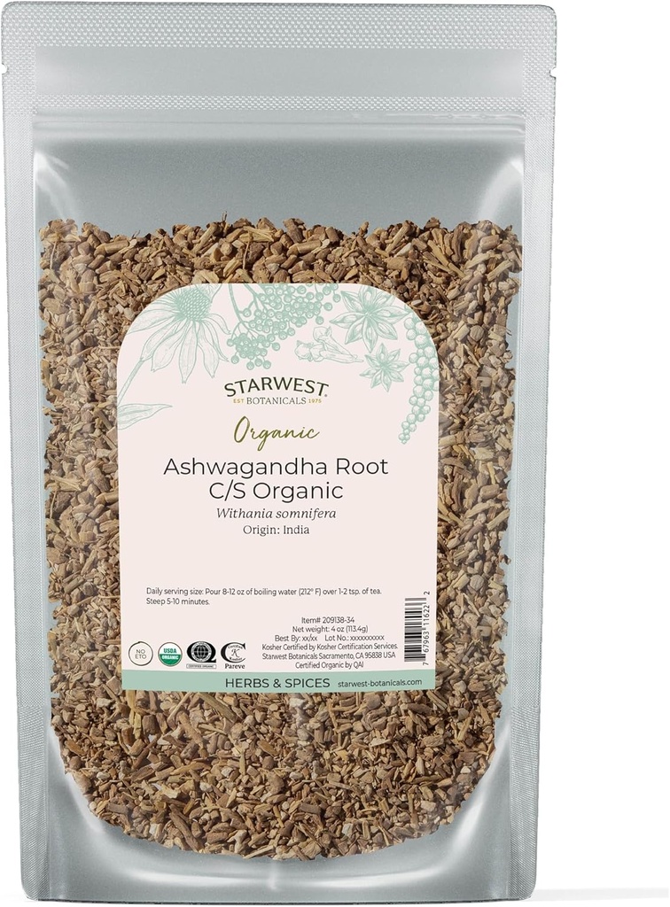 Starwest Botanicals Organic Ashwagandha Root for Women & Men - Erbe secca per tè, Capsule, & Natural Herbal Blends, Cut & Sifted, Certificato Kosher, Non-GMO - 4 once Pouch