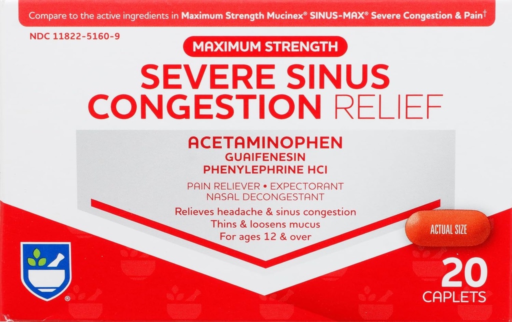 Rite Aid Severe Sinus Medicine and Nasal Decongestant, Maximum Strength - 20 Caplets | Sinus Relief | Dolore al dolore | Multi-Symptom Cold and Flu Medicine | Severe Cold & Sinus Medicine for Adults