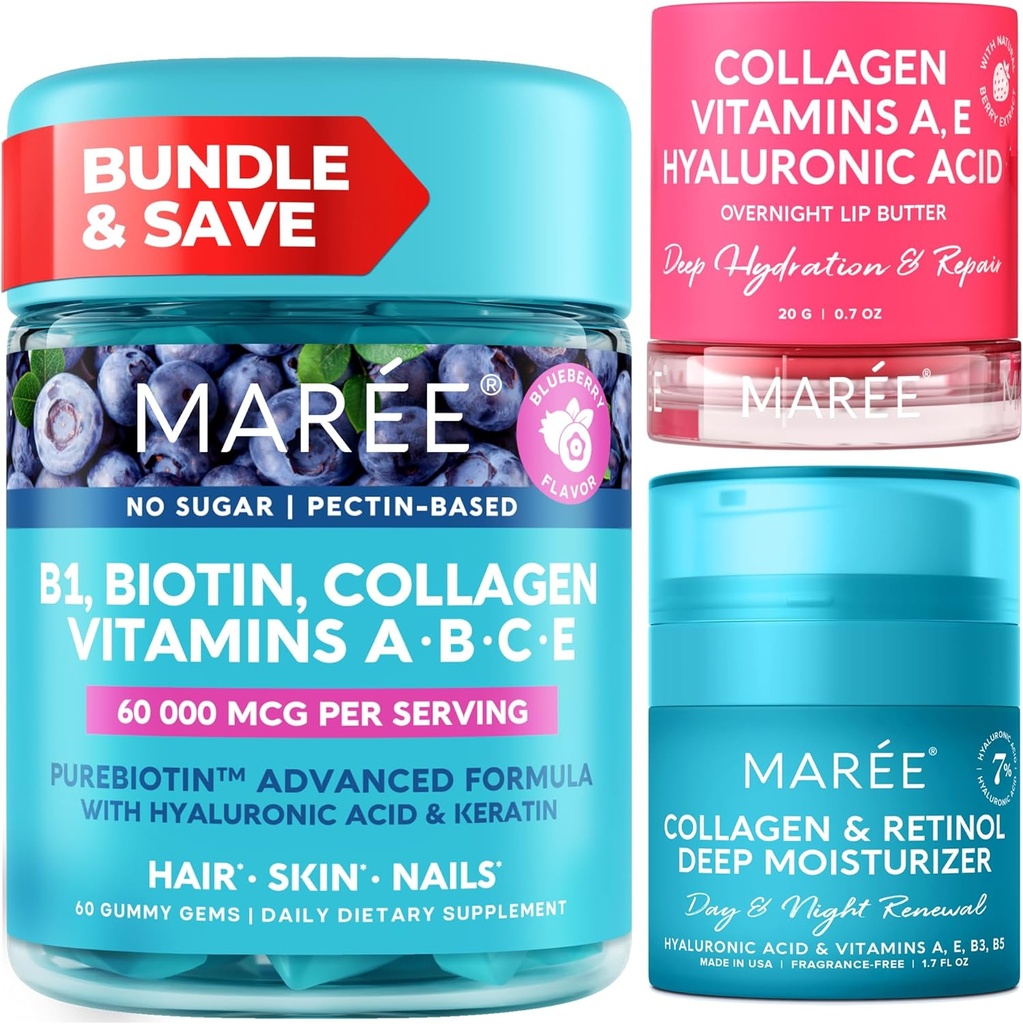 Bundle MAREE - Vitamina B1 Gummie Thiamine, Maschera Lip, Moisturizer Faccia - A, E, D, C Vitamine - Collage & Acido Ialuronico, Complesso Retinolo per Pelle, Unghie, Capelli - Maschera per Labbra Secche - Crema Antiinvecchiamento