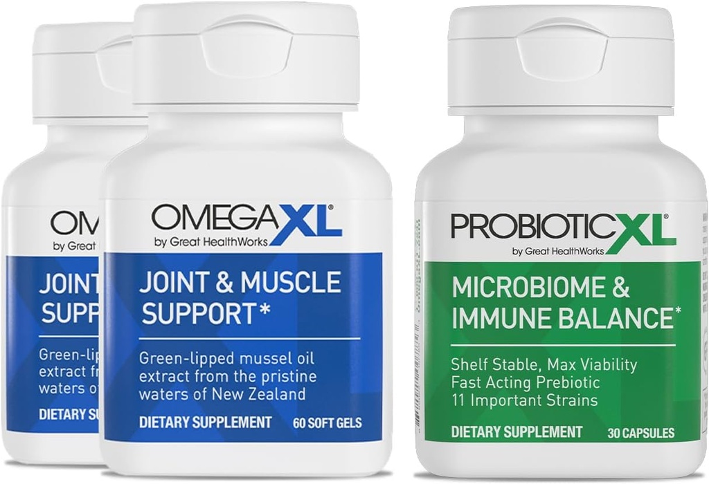 OmegaXL potente Joint and Muscle Support Supplemento 60 conte (2 Pack) & Probiotic XL - PreforPro, DE111, Shelf Stable - Promuovere la crescita sana della flora del Gut (30 tappi di verdure)