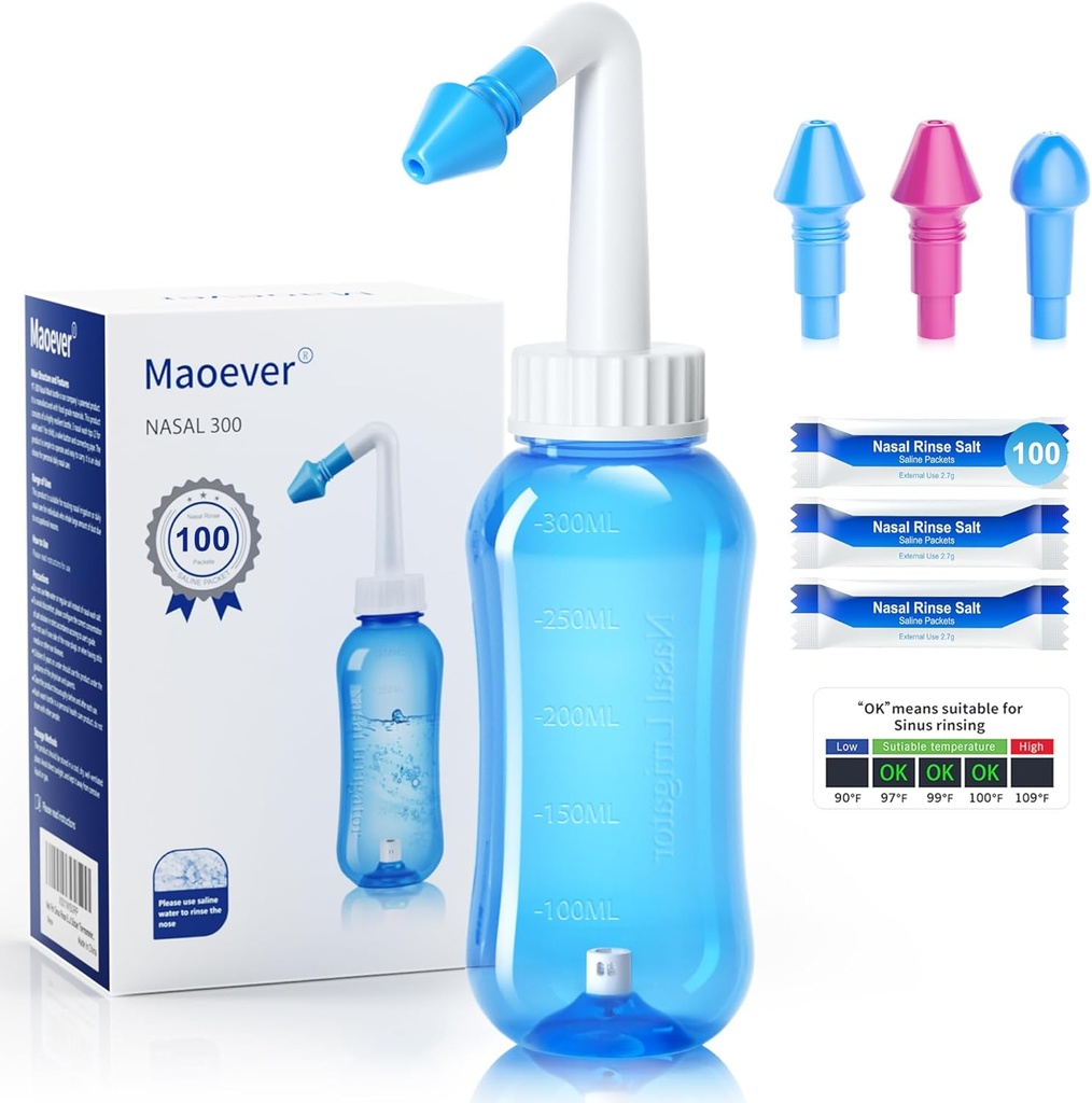 MAOEVER Neti Pot Sinus Rinse Bottiglia con 100 Nasal Wash Salt Packets Nose Wash Cleaner Pressure Rinse Irrigazione nasale per Adulto & Kid BPA Free 300 ML con Adesivo Termometro (blu)