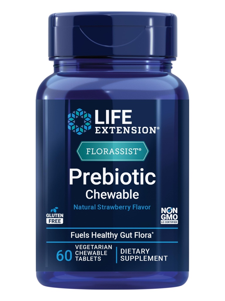 Estensione della vita FLORASSIST® Prebiotico Chewable (Strawberry), 1000 mg xylooligosaccharides, supplemento prebiotico Fornisce per il carburante Gut Flora, senza glutine, non OGM, Vegetariano, 60 compresse masticabili