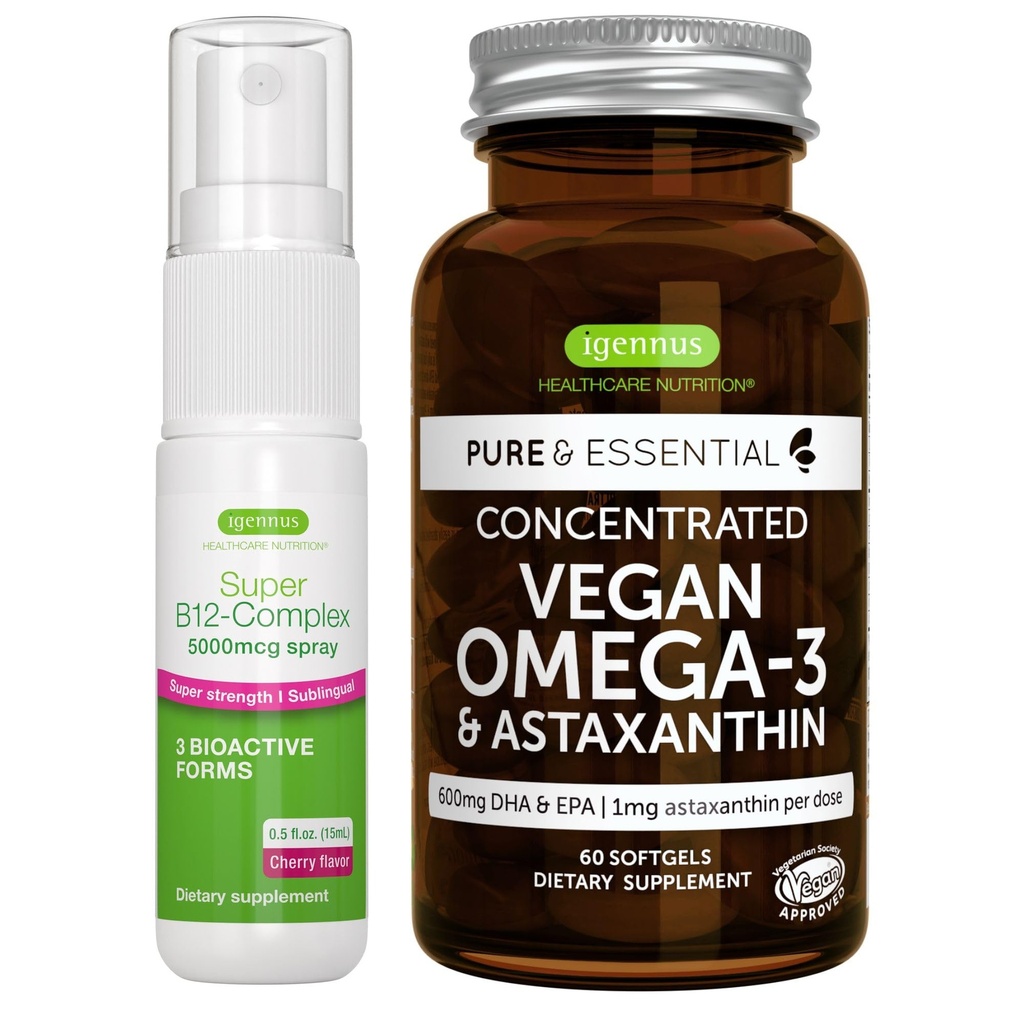 Vegan Omega-3 Algae olio + Super B12-Complex 5000mcg Vegan Bundle, ad alta concentrazione DHA & EPA + High Strength B12 Cherry Flavor Sublingual Spray, di Igennus