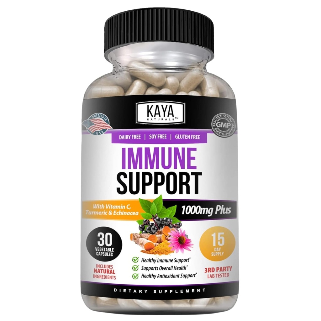 Kaya Naturals Elderberry Immune Support | Vitamine con Zinco e Vitamina C per Adulti, Probiotici & Turmeric 1000mg Sistema immunitario Booster Sambucus Capsule - 30 Conte
