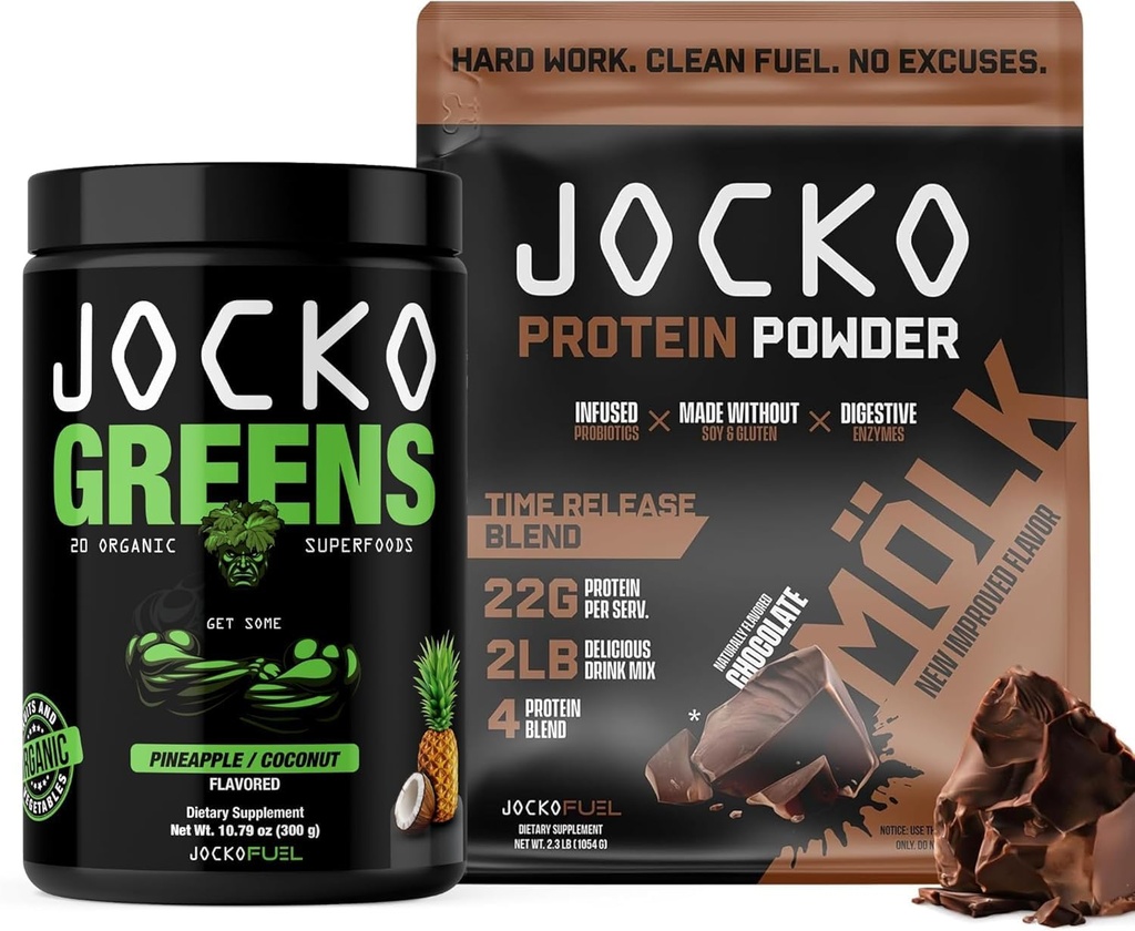 Jocko Fuel 2 Pack Bundle - Polvere di Jocko Greens + polvere di proteine di Mölk di cioccolato