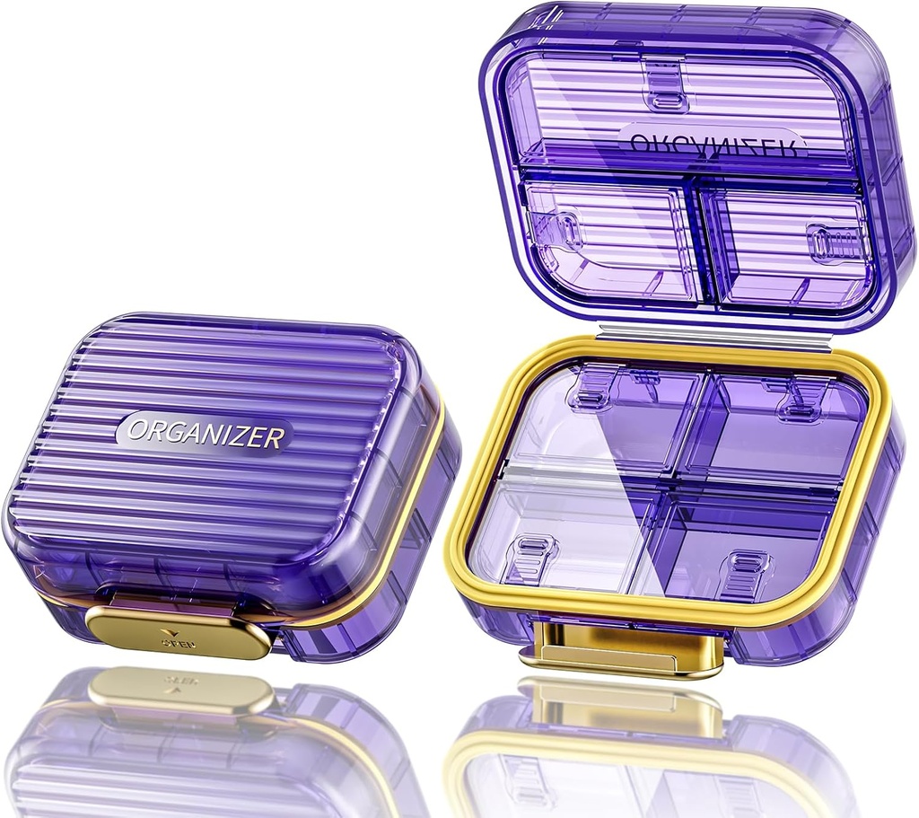 Acedada Small Pill Box, Organizzatore di viaggio Pillola, compatto 7-Compartment Moistureproof caso di vendita per borsa, Chic Daily Pill Container, Portable Medicine & Vitamin Holder per Fish Oil & Supplements, Viola