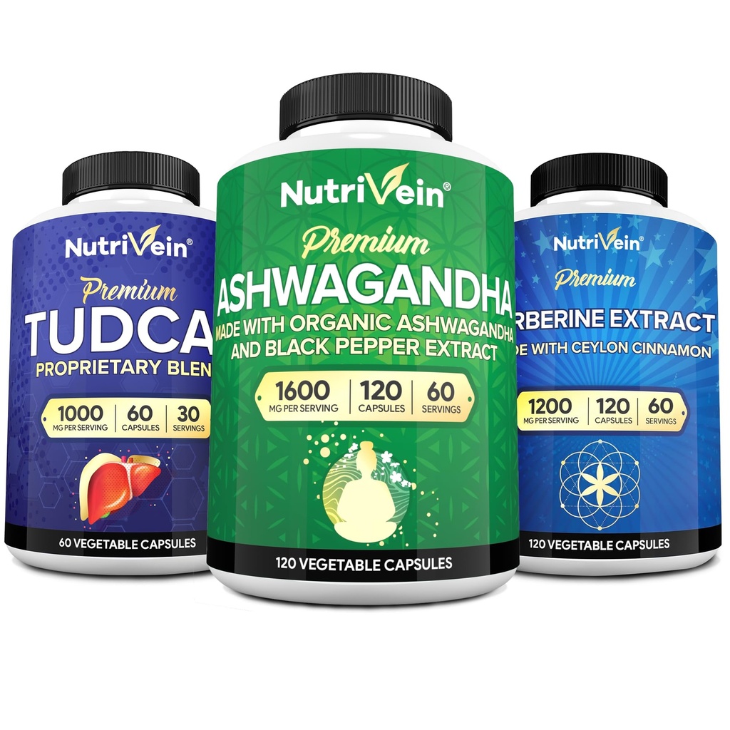 Nutrivein Premium TUDCA, Integratori di Berberina, e Ashwagandha Supplementi Bundle: Complesso di Berberina ad alto assorbimento, Estratto di radice di Ashwagandha, & TUDCA per Detox, Vitality & Well-Being