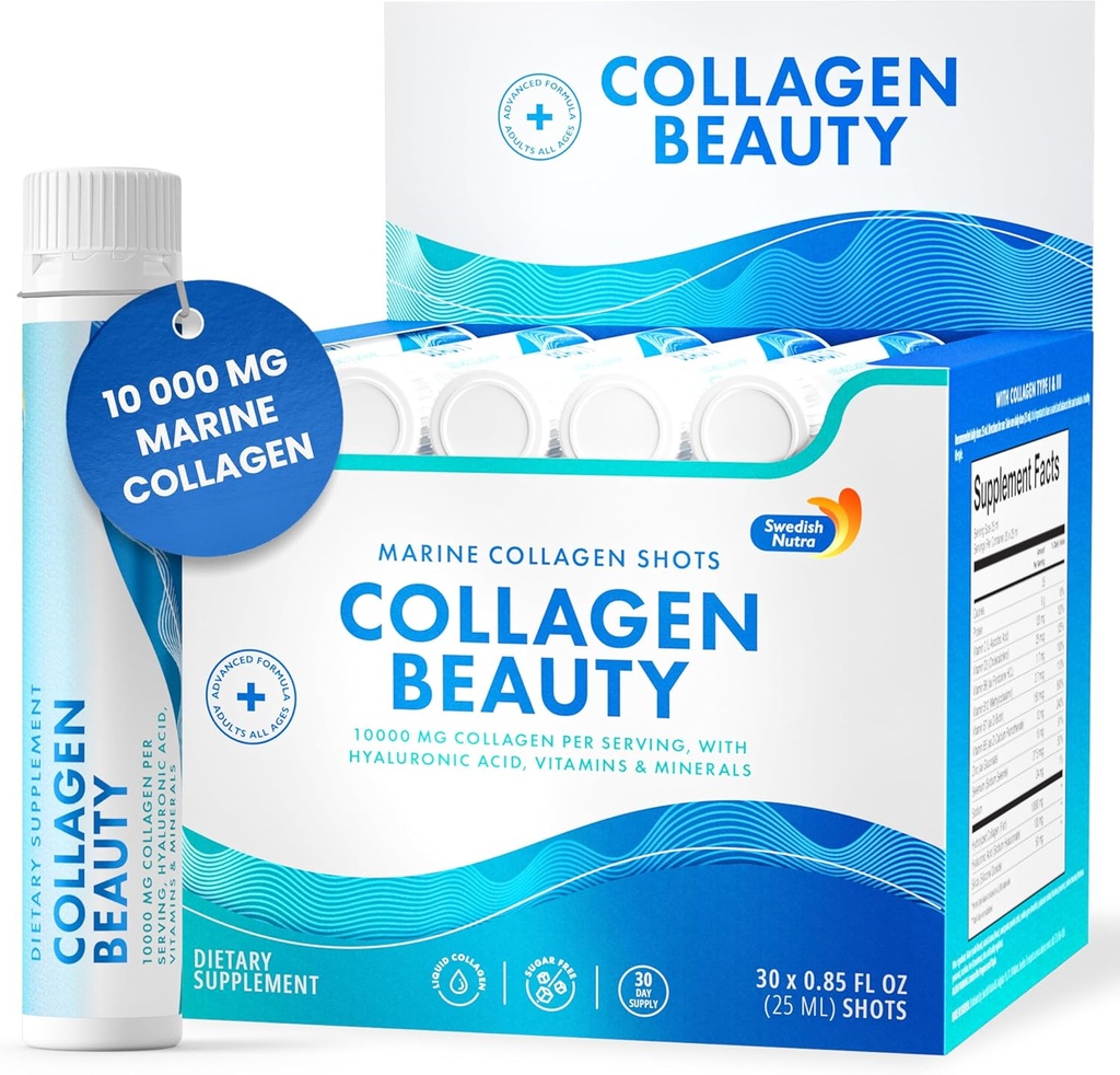 Nutra svedese - Collagen Beauty | 10.000 mg Integratore liquido di collagene marino idrolizzato - 30 x 25 ml Shot giornalieri | Acido ialuronico e vitamina C per sostenere capelli sani, pelle, unghie | Senza zucchero