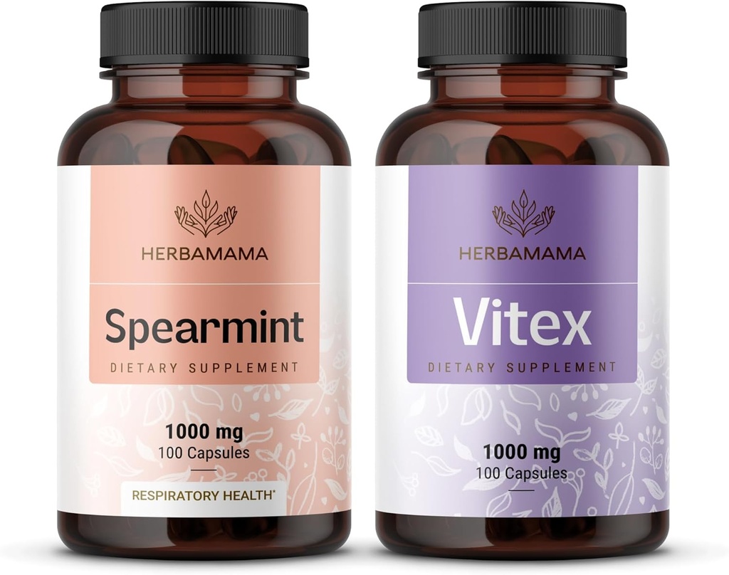 HERBAMAMAMA Spearmint e Vitex Kit - Bundle di 1000 mg Leaf Spearmint & Vitex Chasteberry Capsules - Vegan, Non OGM, Gelatin-Free - 2 Pack