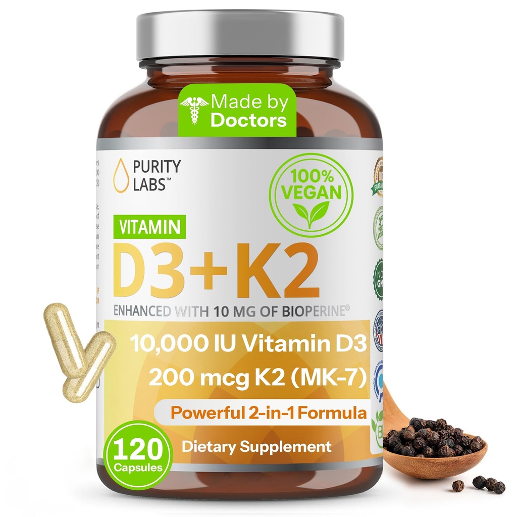Vitamina D3 K2 10000 IU, (250mcg) D3 + 200mcg K2 MK7 - Integratore di supporto immunitario potenziato con Bioperine - Integratori per la difesa quotidiana, Bone, Muscle & Skin Health - 120 capsule