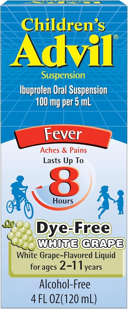 Advil Pain Reliever e Fever Riduttore, Dye Free Children's Ibuprofen for Pain Relief, Liquid Ibuprofen for Children, White Grape - 4 Fl Oz