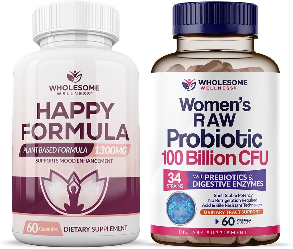 Intero benessere Happy Formula Formula Natural Relief Supplement + Dr. Formulated Raw Probiotics per le donne 100 miliardi CFU Bundle
