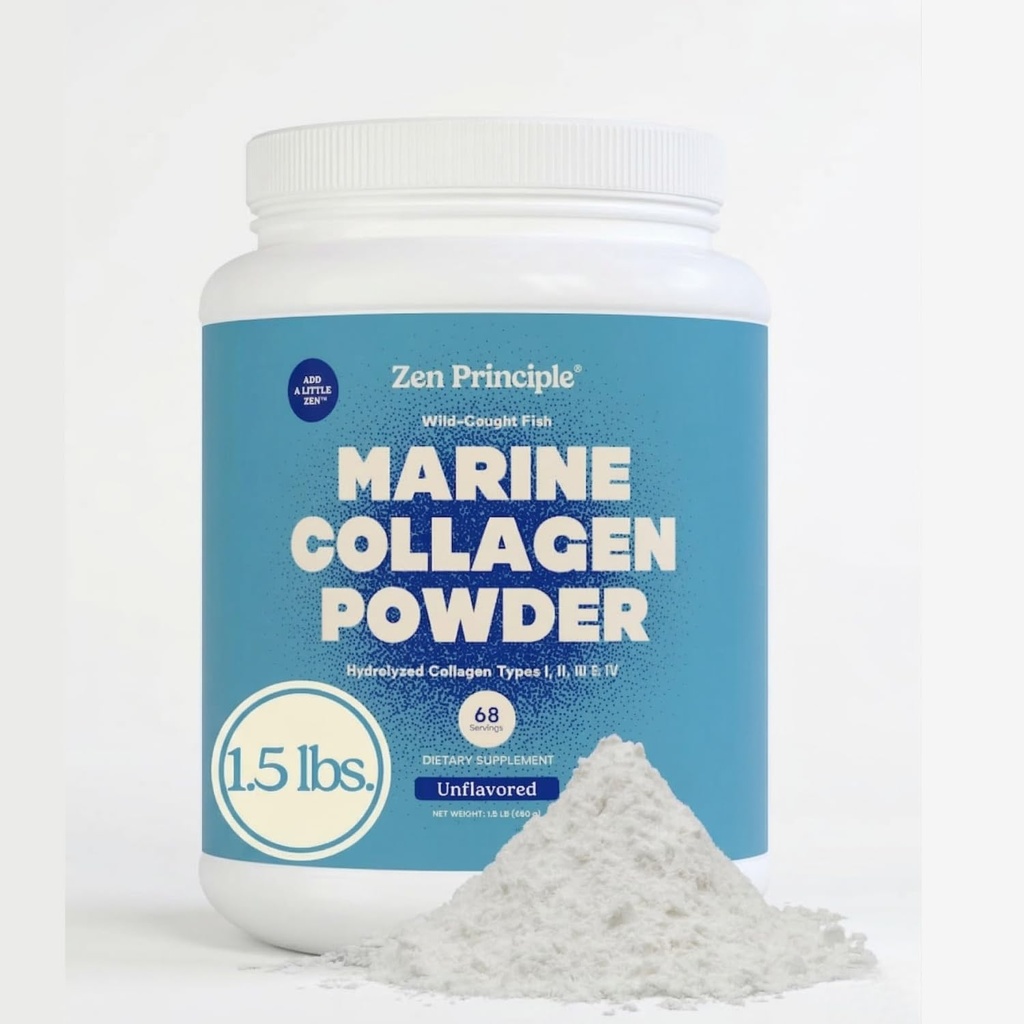 Peptidi di collagene marino di principio Zen Polvere 1,5 lb. Pesce di pesce di selvatico, non OGM. Supporta pelle sana, capelli, articolazioni e ossa. Tipo 1 & 3 Proteine idrolizzate. Aminoacidi. Non aromatizzato, facile da mescolare.