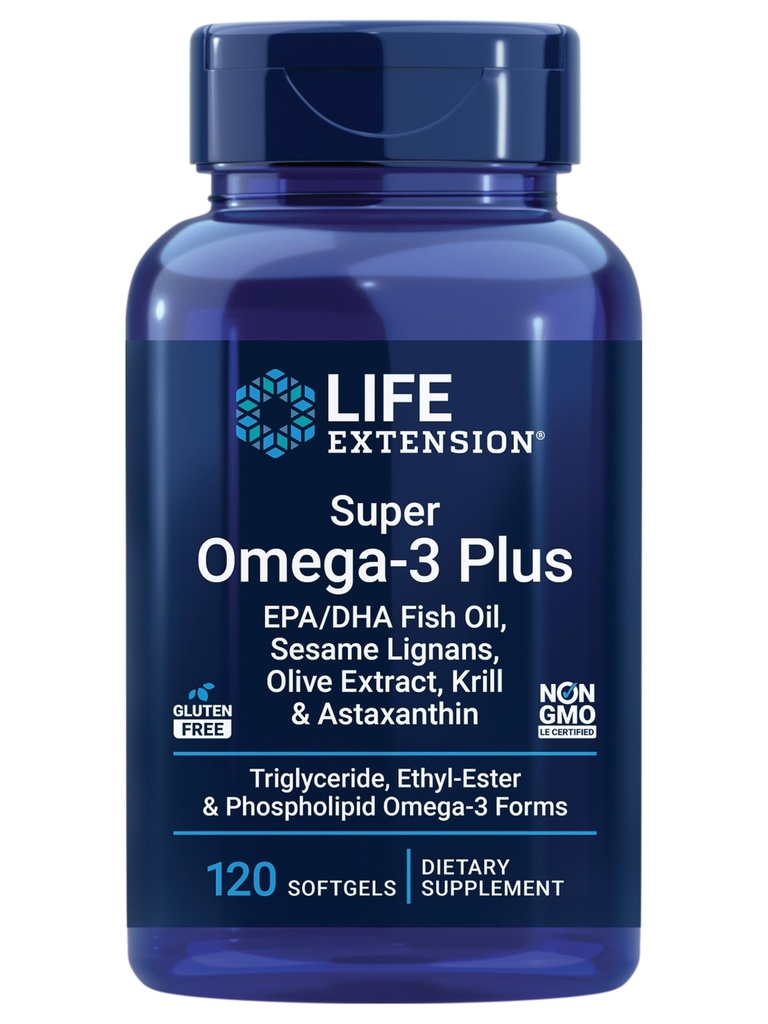 Estensione della vita Super Omega-3 Plus EPA/DHA Fish Oil, Sesame Lignans, Olive Extract, Krill & Astaxanthin - Heart, Brain & Joint Health Support - Gluten-Free, Non-GMO - 120 Softgels