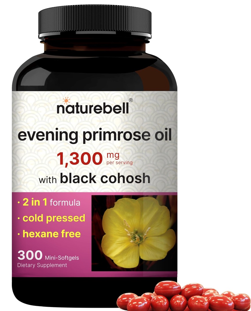 NatureBell Sera Olio di Primrose con Cohosh Nero, 1.300mg Per Serving, 300 Mini-Softgels | Cold Pressed Seeds, Contiene 130mg GLA per il supporto per la salute e la cura della pelle delle donne – Hexane Free, Non-OGM