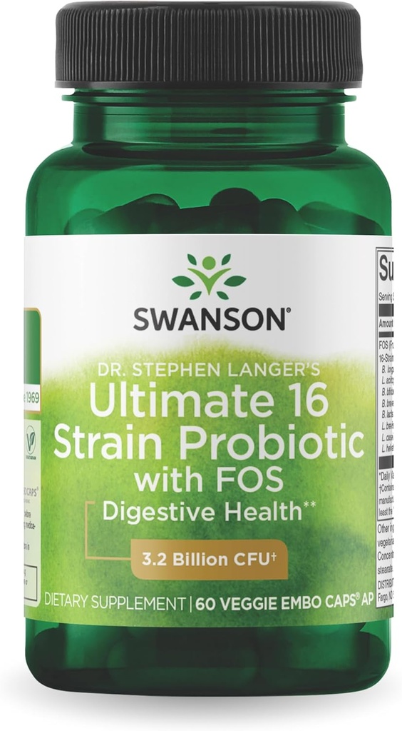 Swanson Dr. Stephen Langer's Formula - Probiotico naturale w/Prebiotic FOS - Integratore 16-Strain Promuovere il supporto digestivo w/ 3.2 miliardi di CFU per capsula - (60 capsule vegetali)