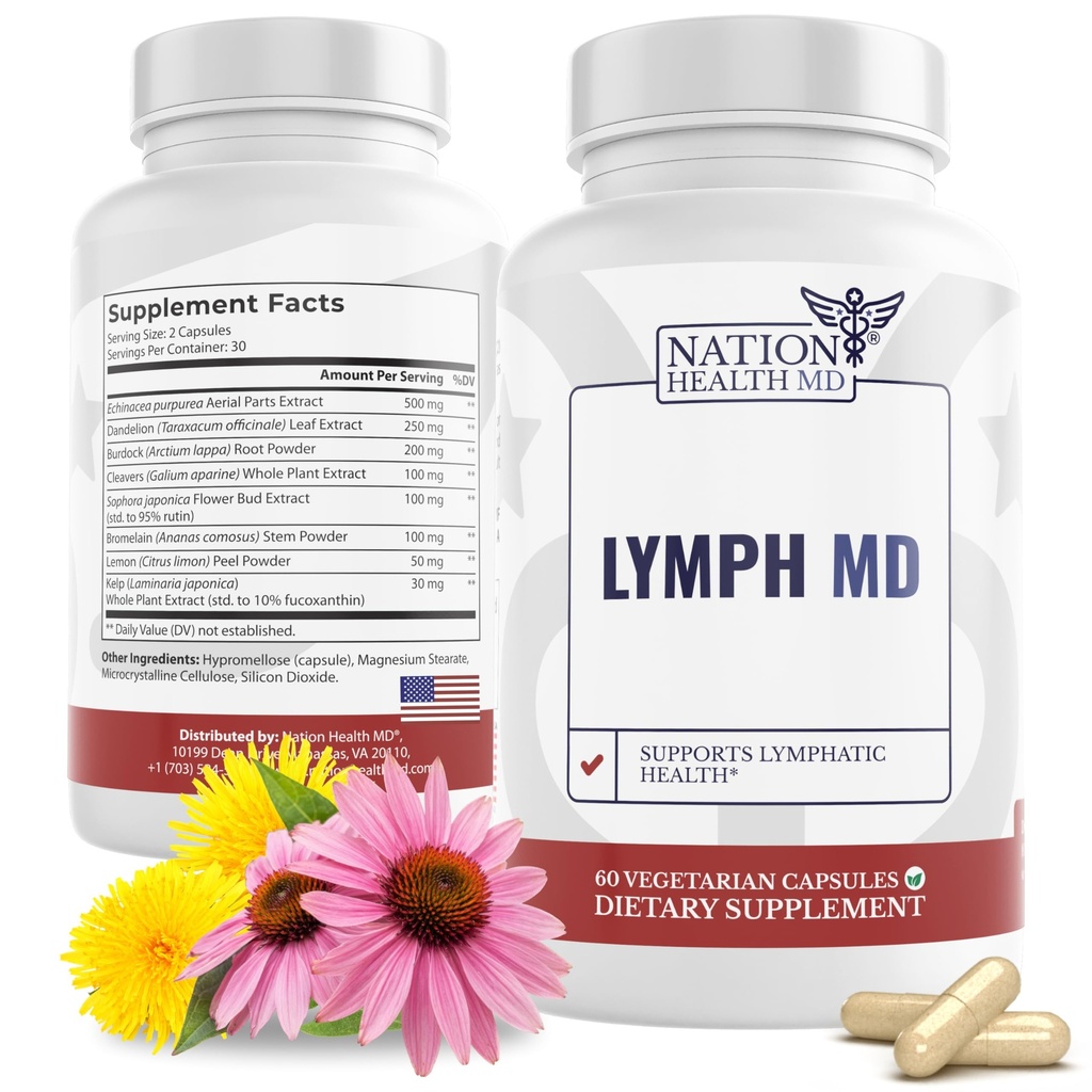 Lymph MD - Lymphatic Drainage Supplement - con Bromelain, Echinacea, Burdock Root, Dandelion, Rutin, Kelp & More - Lymph System Support for Women & Men - 60 Capsule