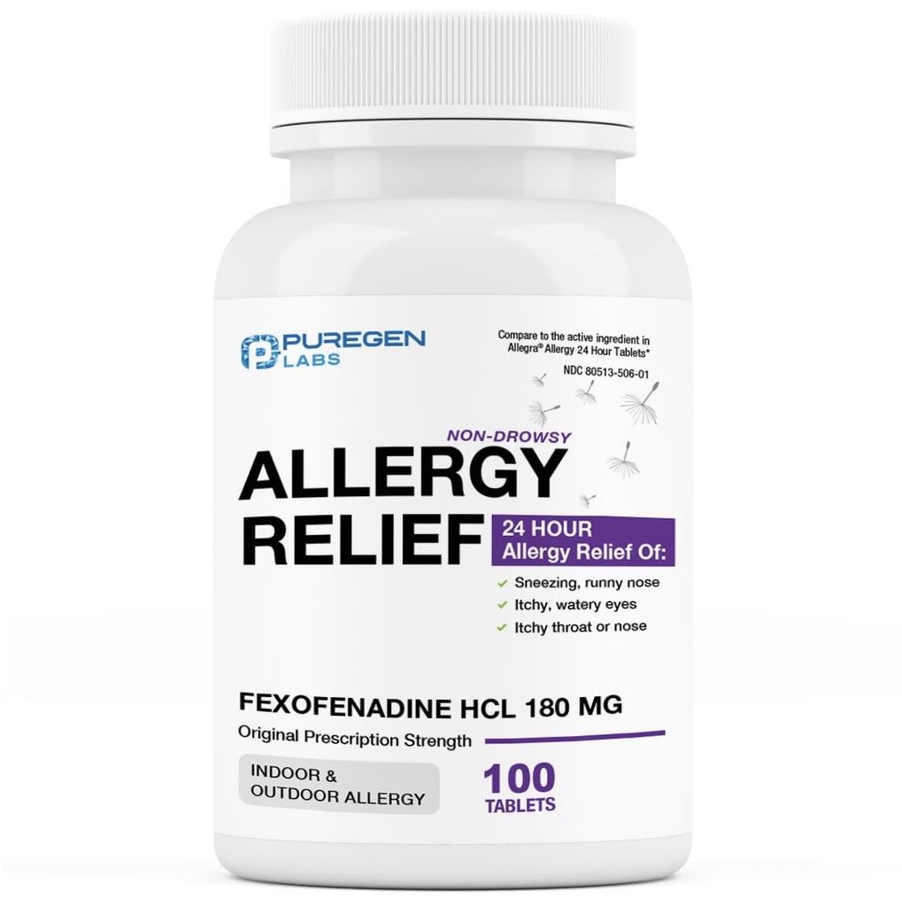 Puregen Labs Allergy Relief, Fexofenadine 180mg, 100 Tablets – 24 ore Antistaminico antidrowsy medicina allergia per Runny Nose, Sneezing, Itchy, Occhi Watery - Made in USA