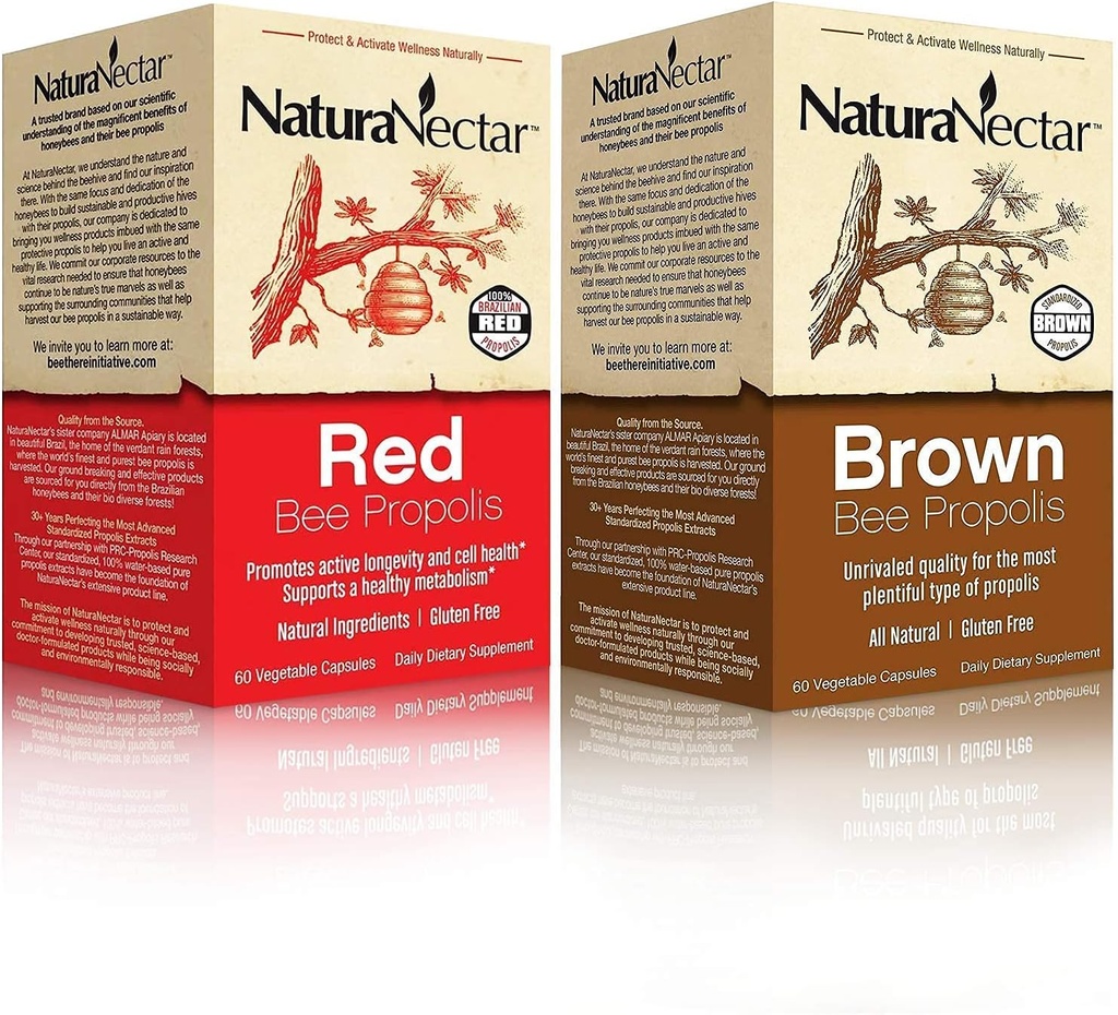 NaturaNectar Natural Bee Propolis Bundle - Red Propolis e Brown Propolis - per il supporto immunitario, la salute respiratoria e il metabolismo sano - 60 capsule per bottiglia