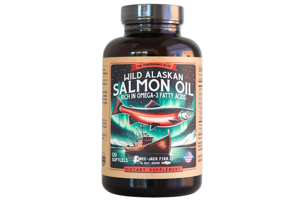 Wild Alaskan Salmon Fish Oil Omega 3 supplemento per gli esseri umani | EPA e DHA | Kwee-Jack Fish Co. | 120 Softgels 1000mg Salmon olio