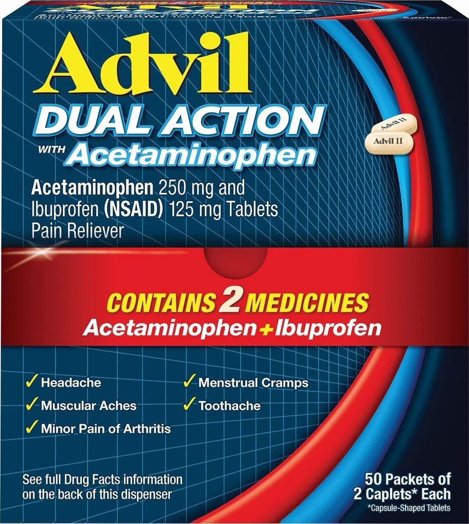 Advil Dual Action Coated Caplets con Acetaminophen, 250 Mg Ibuprofen e 500 Mg Acetaminophen Per Dose (2 Dose Equivalent) per 8 ore Rilievo Dolore - 2 Conte x 50