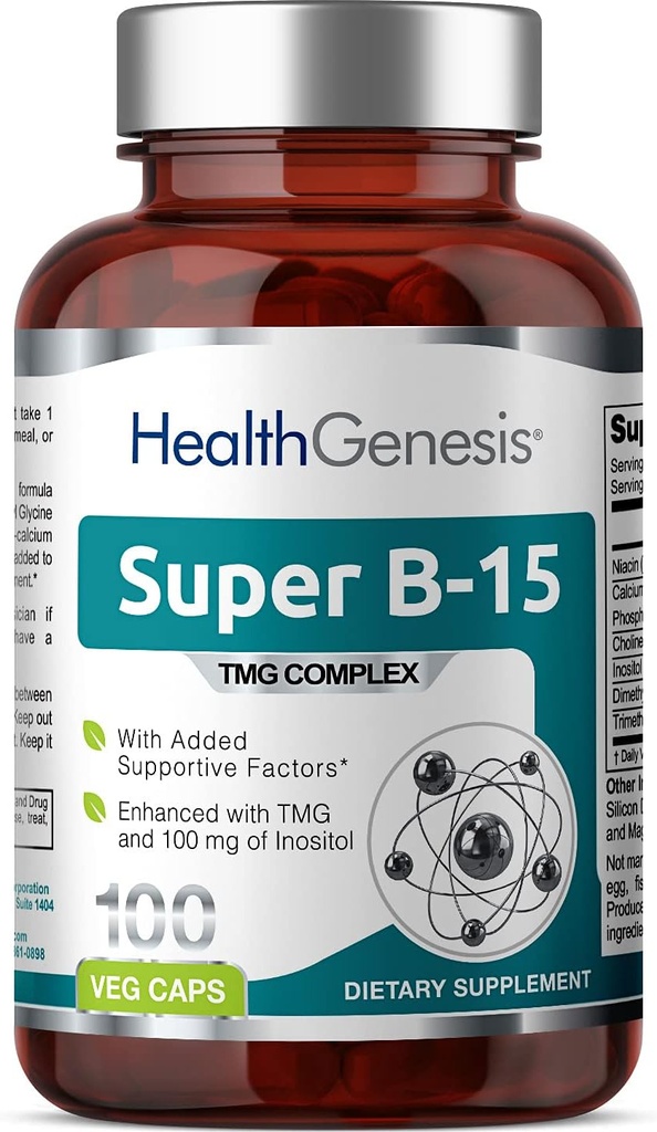 Super B-15 100 Vcaps - Niacin Calcium Choline Inositol DMG TMG - Supporta livelli di energia ossigeno sano