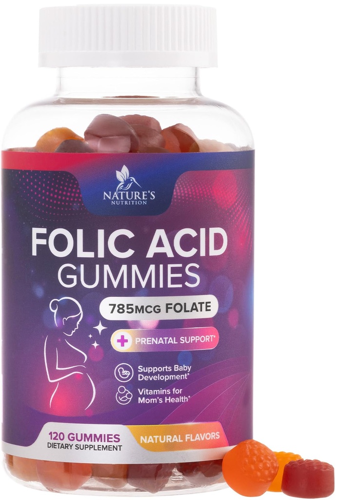 Gummie di acido folico per le donne 785 mcg, vitamine prenatali essenziali per la mamma e il bambino, Vegan Folic Supplement Gummy, Vitamina giornaliera B9 Folato di resistenza extra, prima durante la gravidanza - 120 Gummies