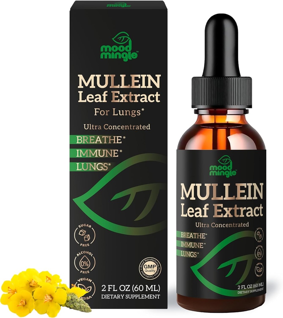 Estratto di foglie di Mullein per polmoni - Gocce di Mullein per il supporto di salute respiratorio Detox Cleanse polmonare - Vegan senza zucchero Gluten Free - Supplemento liquido per le donne 2fl. oz (60ml) (1 confezione)