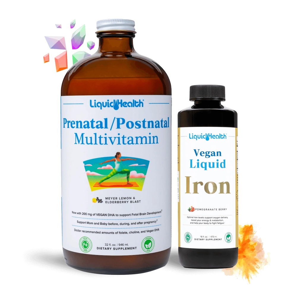 LIQUIDHEALTH Prenatal Baby Booster Gravidanza Vitamina Bundle - Vegan Prenatal/Postnatal Multivitamin con SunActive & Ferrochel Iron, Folate, Whole Foods - Made in the USA, 100% Vegan (Bundle)