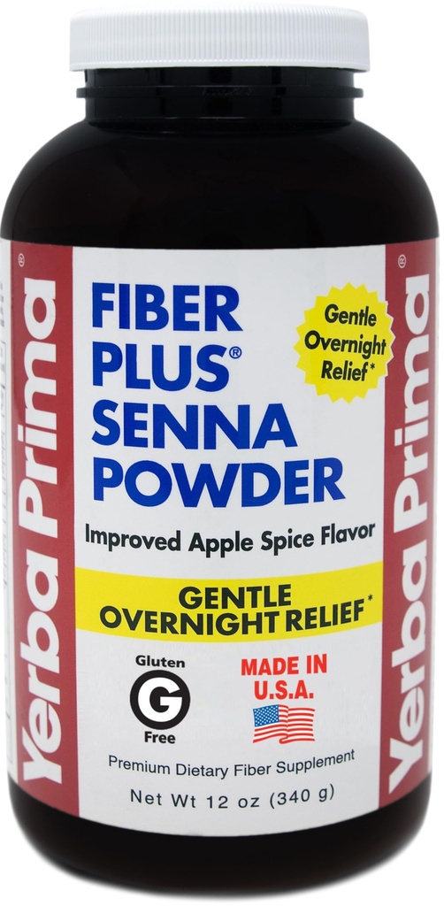 Yerba Prima Fiber Plus Senna Powder, 12 oz (Pack of 1) - Apple Spice Flavor, Gentle Overnight Relief, USA Made, Non-GMO, Stevia Sweetened, Short-Term Use to Restore Regolarità
