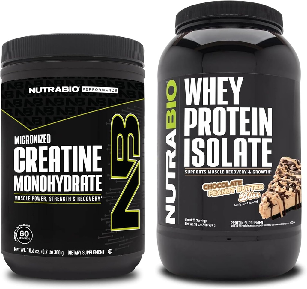 NutraBio Creatina monoidrato, non aromatizzato, 300g e proteine del siero, burro di arachidi al cioccolato, supplemento Bundle - energia muscolare, crescita muscolare magra, recupero e resistenza