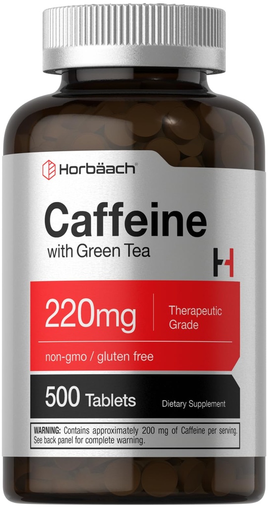 Horbäach Caffeine Pills 220mg con tè verde | 500 compresse | Vegetariano, Non OGM & Gluten Free