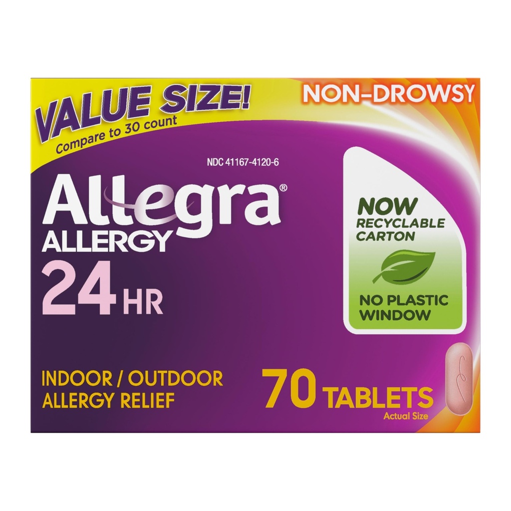 Allegra Adulto 24-ore allergia pantofole di sollievo, Non-Drowsy Indoor e all'aperto medicina di allergia, 180 mg Fexofenadine HCI Antihistamine Pillola, 70-Count