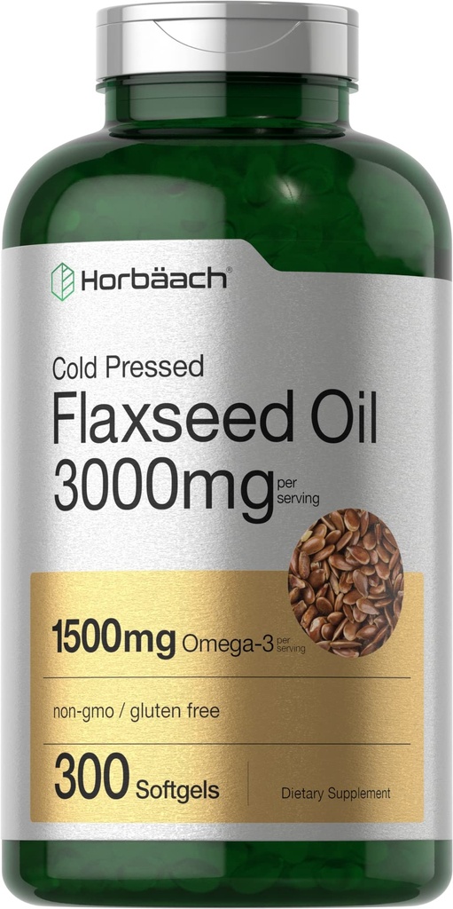 Horbäach Flaxseed Oil Softgel Capsule 3000mg | 300 Count | ad alta potenza | con Omega 3 6 9 | Non OGM, Gluten Free | Saldatura a freddo