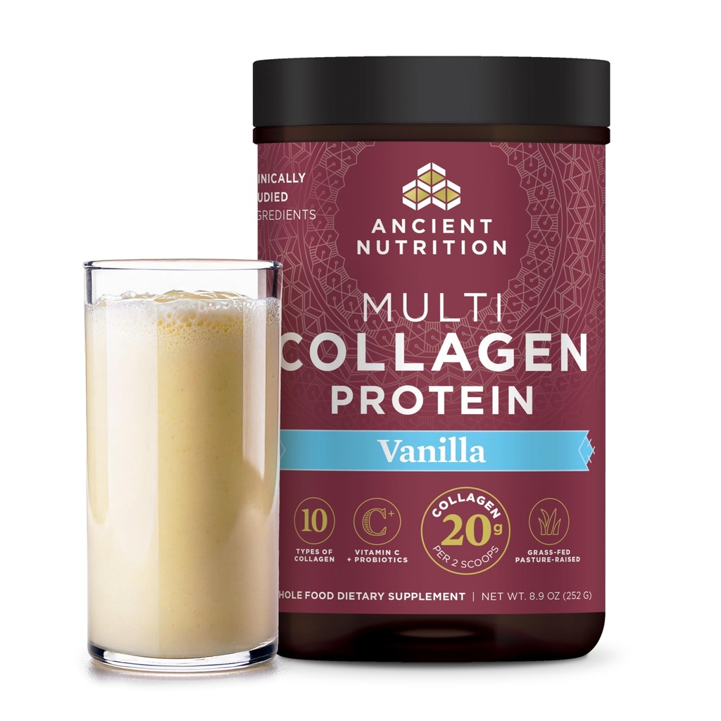 Antica Nutrition Collagen Peptides Polvere, Multi Collagen Protein, Donne & Uomini, Vitamina C, Probiotici, Collage idrolizzato, Supporta la pelle, Giunti, Gut Health, Vanilla, 24 Serve