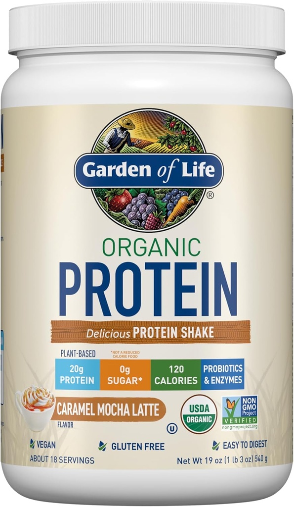 Giardino della vita Vegan Protein Powder - Caramel Mocha Latte - 20g Proteine delle piante, BCAA, Probiotici e enzimi digestivi - Gluten-Free, Non OGM
