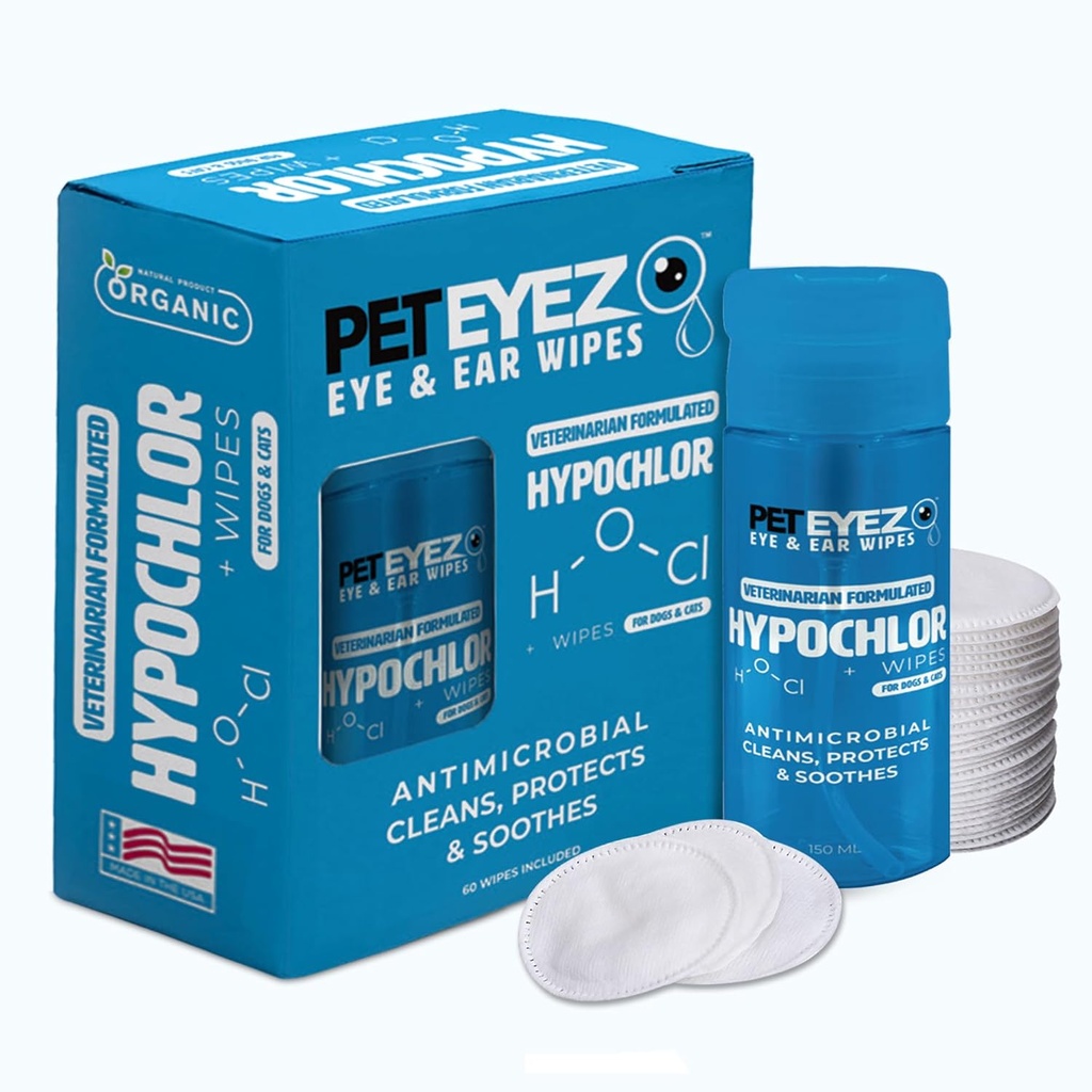 PetEyez Veterinarian Formulated Tear Stain Remover Solution for Dogs & Cats - Ipoallergenico Deodorizing Cleaner to Remove Dirt, Discharge and Crust from Ears, Eyes, Paws & Butt - 100 Wipes