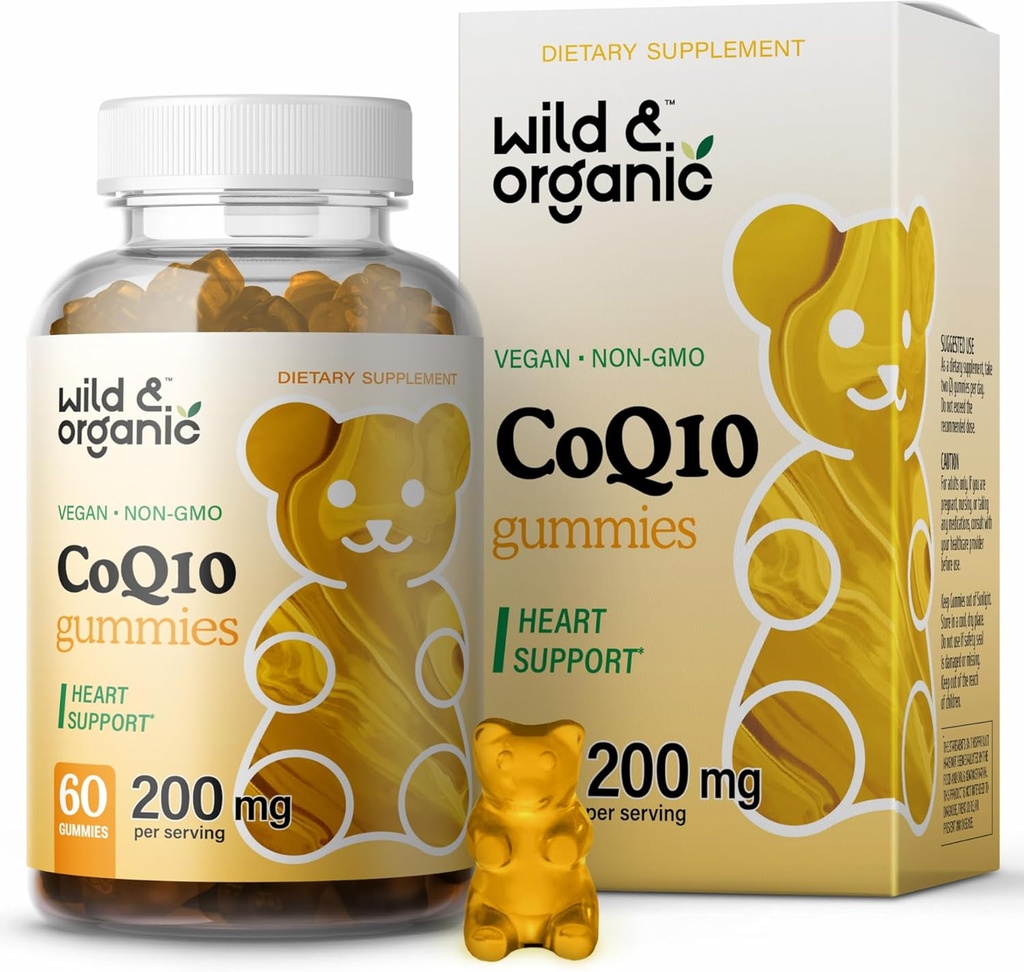 Wild & Organic CoQ10 Gummies - Vegan CoQ10 200mg Antiossidante Supplemento con Ubiquinone - Natural Energy and Focus Gummies with Coenzyme Q10-60 Non-GMO Pectin Chewables
