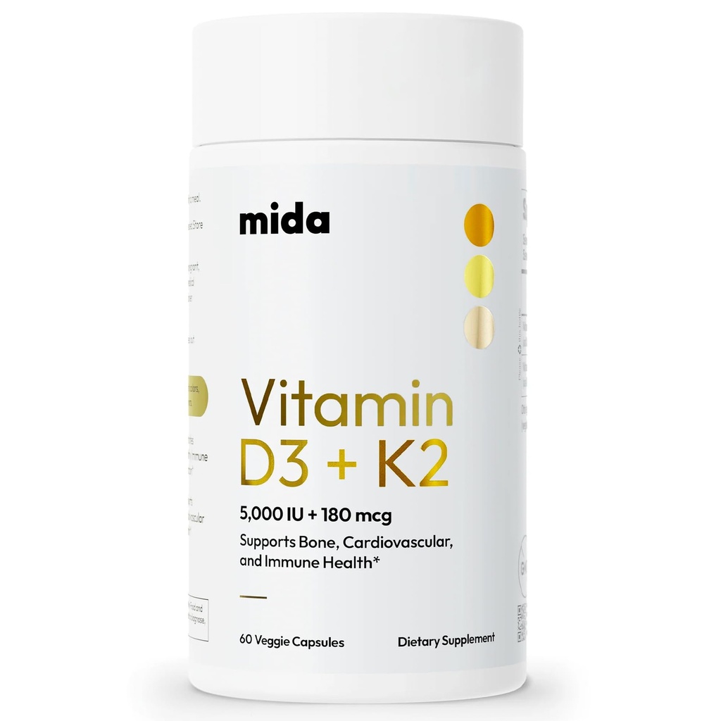 Mida Health® D3 K2 Vitamin 5000 IU con MK-7 | Integratore Naturale per Bone, Cuore e Supporto Immune | Capsule Vegan Adulti | 60 Serve