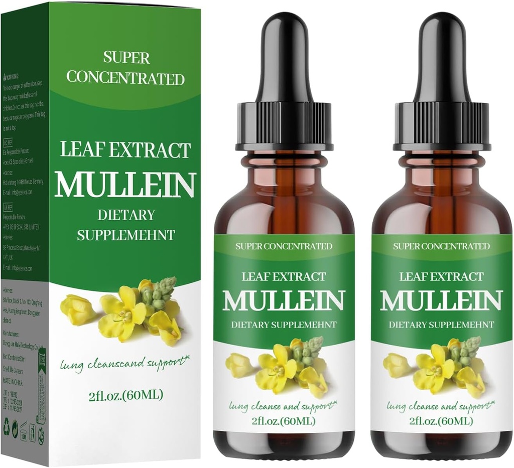 Gocce di Mullein per polmoni, Estratto di foglie di Mullein - Sostenere la pulizia polmonare - Supplemento naturale organico per adulti, gocce di tintura | Non OGM, Vita sana vegetariana-(2Pack)