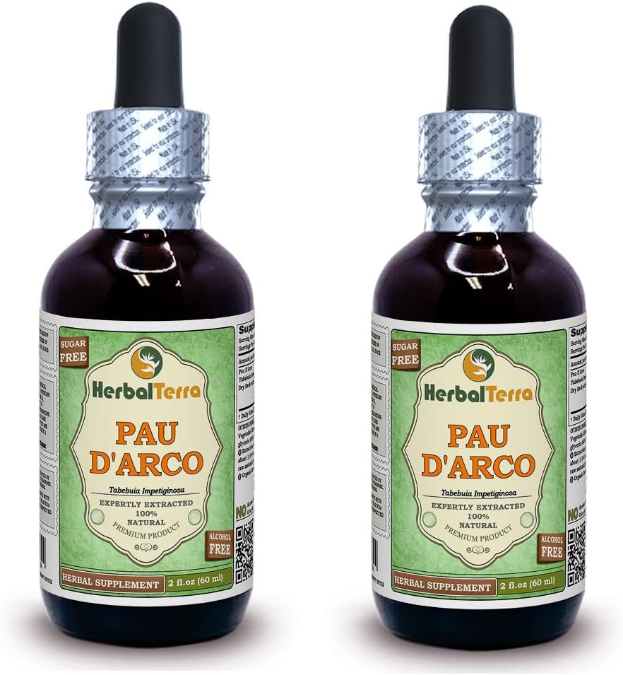 PAU d'arco (Tabebuia Impetiginosa) Glycerite, Estratto liquido senza alcool di corteccia essiccato (Nome: HerbalTerra, Proudly Made in USA) 2x2 fl.oz (2x60 ml)
