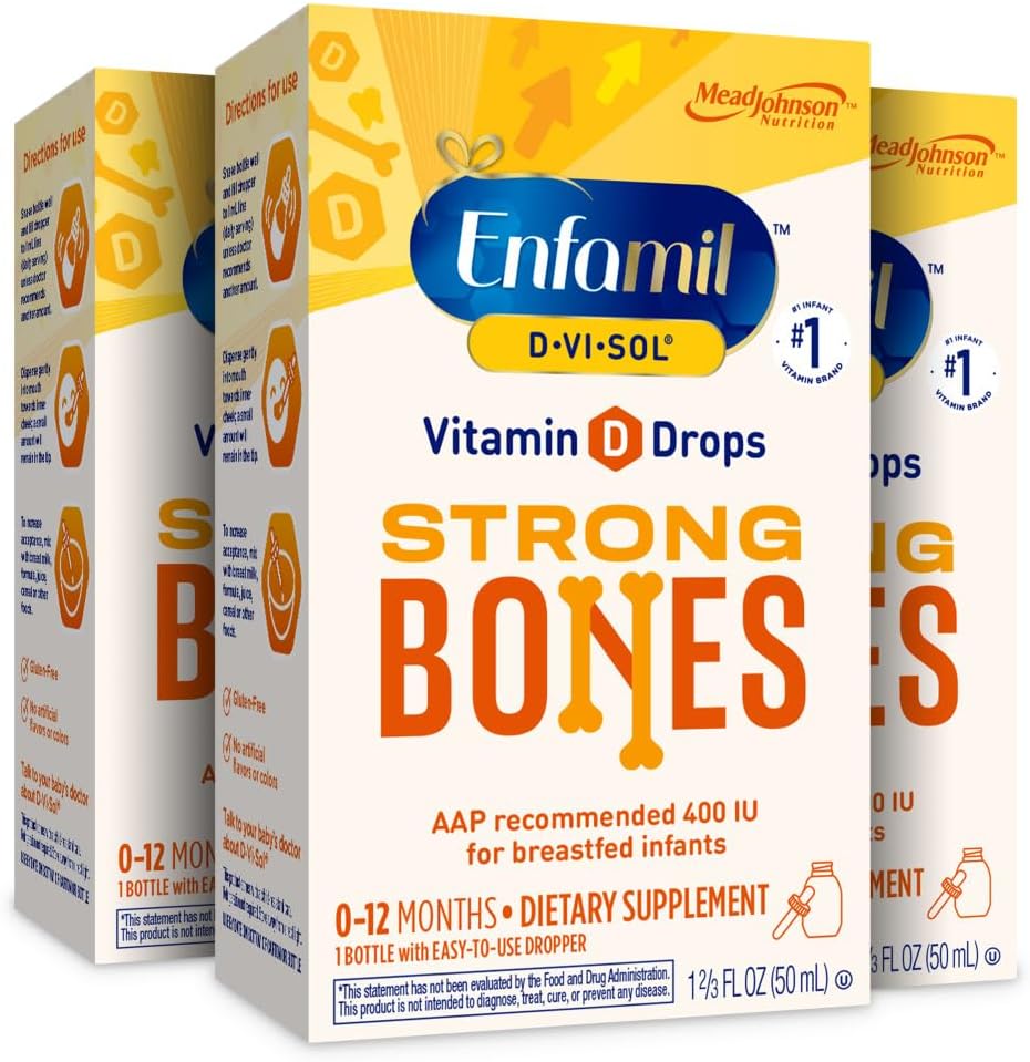 Enfamil D-Vi-Sol vitamina D Integratore Liquido Gocce per neonati, Supportando Teeth & ossa forti in neonati, Facile da usare, Gluten Free, 50 mL Bottiglia Dropper, Confezione da 3