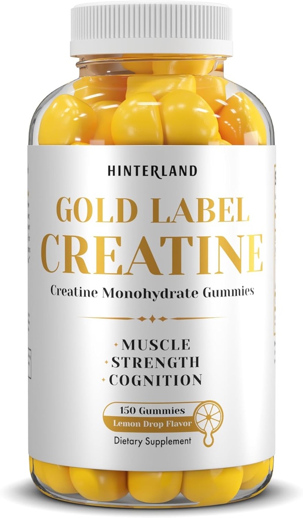 Hinterland Verlag Gold Label Creatina Monoidrato Gummies per la forza, costruzione del muscolo, supplemento di salute del cervello, 5g per porzione, 150 Gummies (30 Serve).